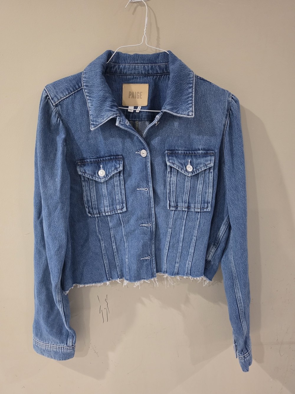 PAIGE Cropped Raw Hem Denim Jacket Blue Size XL